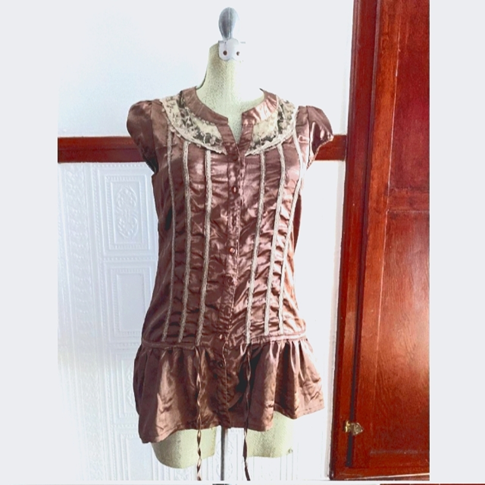 Beautiful Vintage Gothic Tunic/Mini-Dress in Dusty Rose Satin with Lace Details!